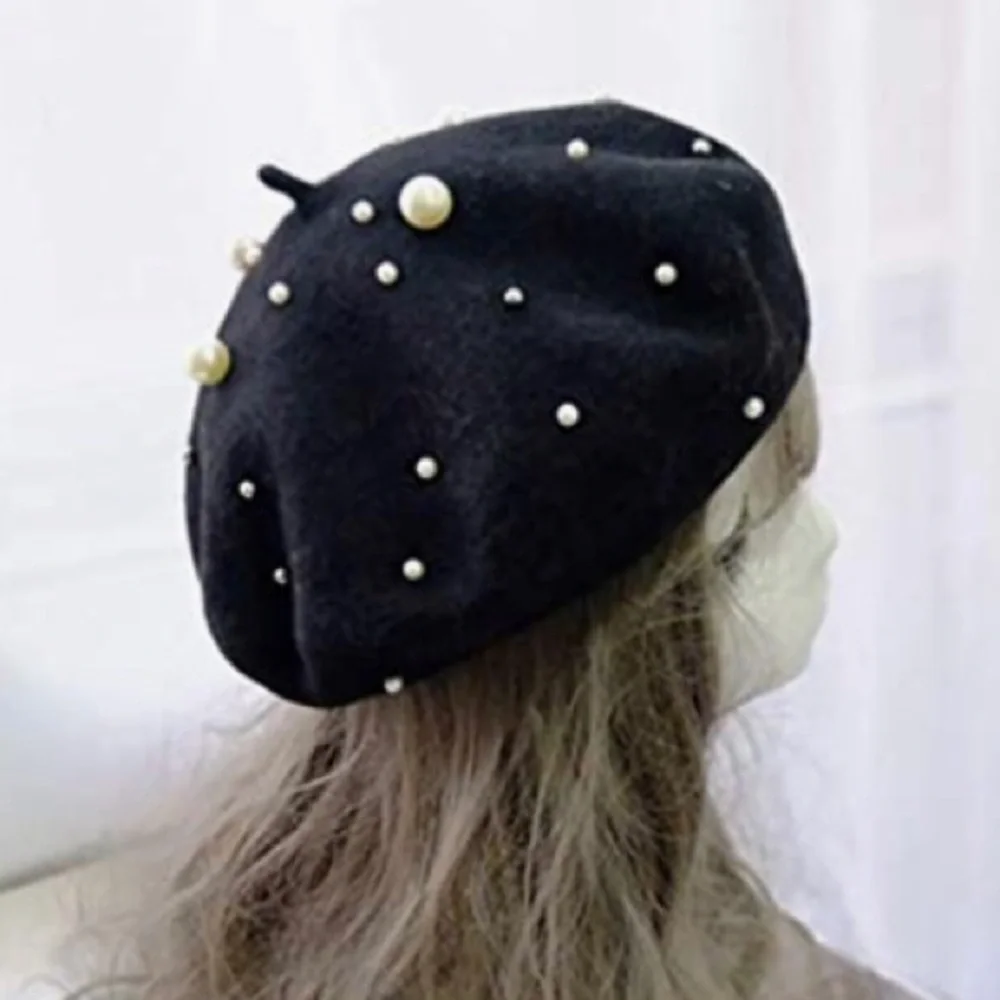 Cashmere Beret (Beaded) in Ivory or Black with White Simulated Pearls